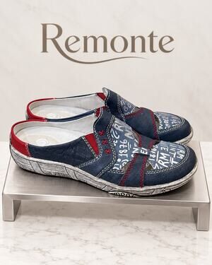 Remonte Blue Red Print Leather Slip-On Shoes Women’s US 6-6.5 EU 37